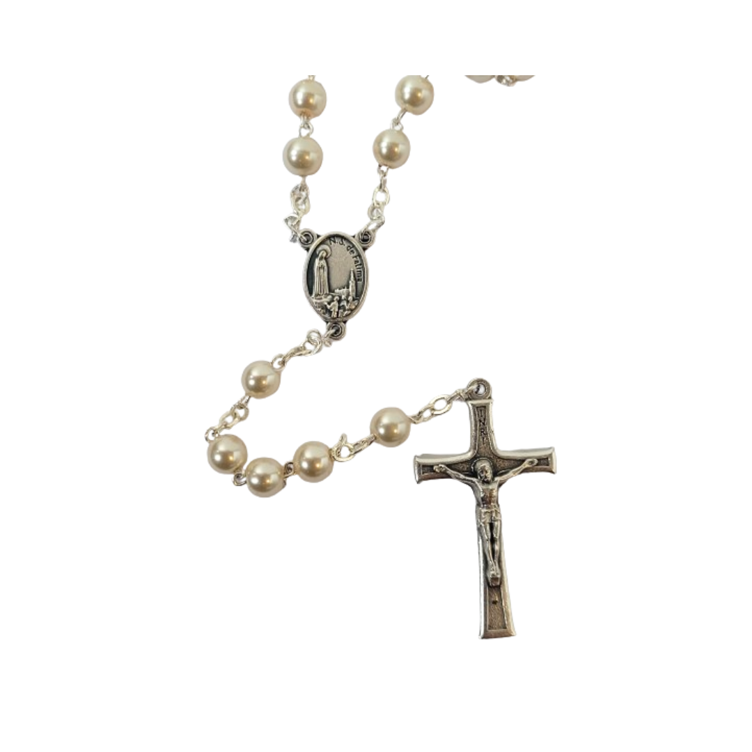 Pearl Rosary with Silver Roses