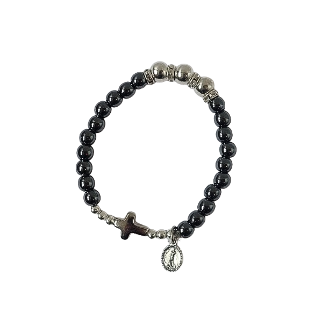 Pulsera Hematita Brillante con Cruz