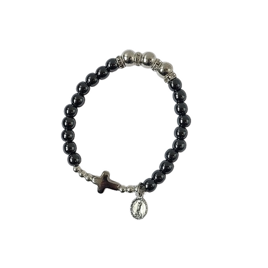Pulsera Hematita Brillante con Cruz