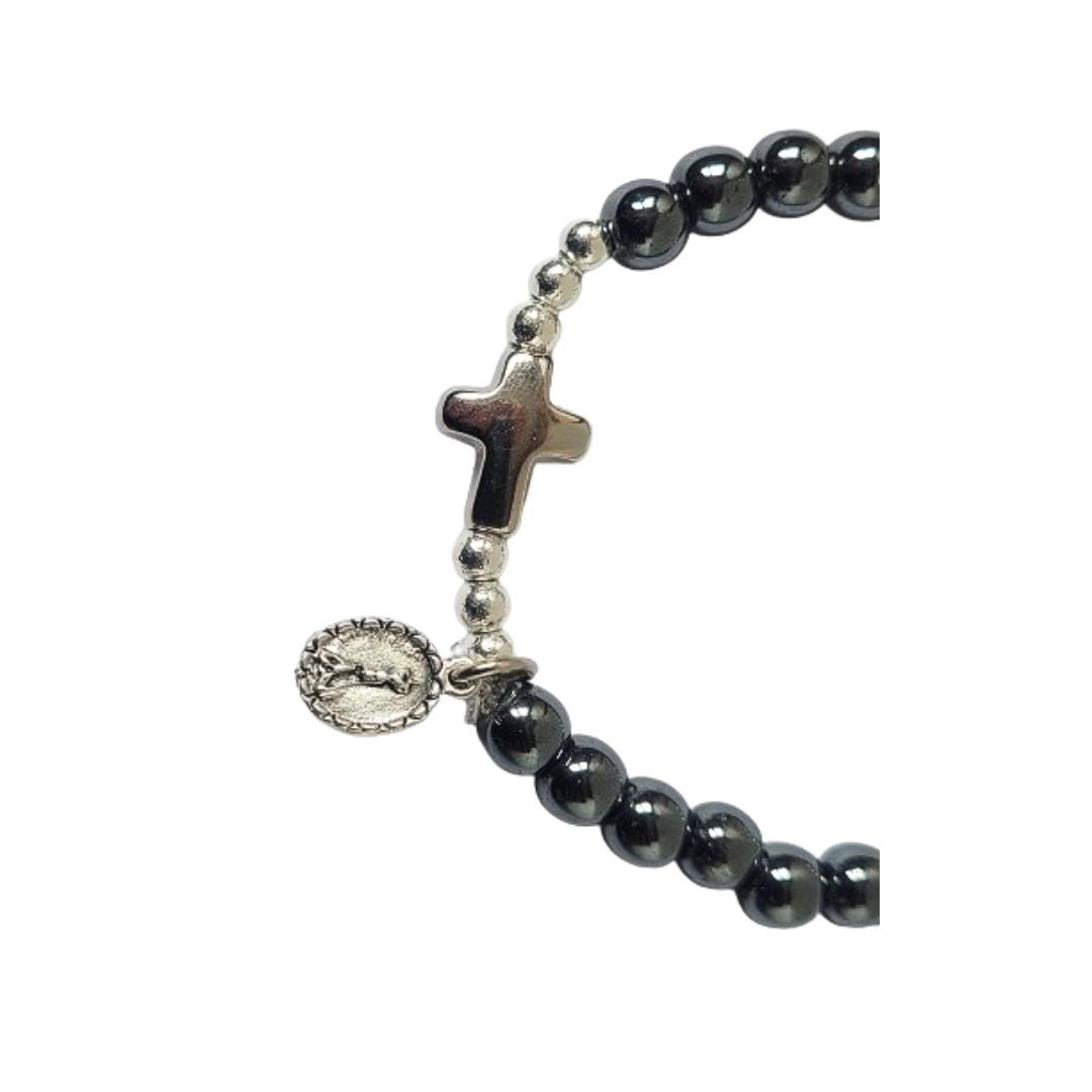 Pulsera Hematita Brillante con Cruz