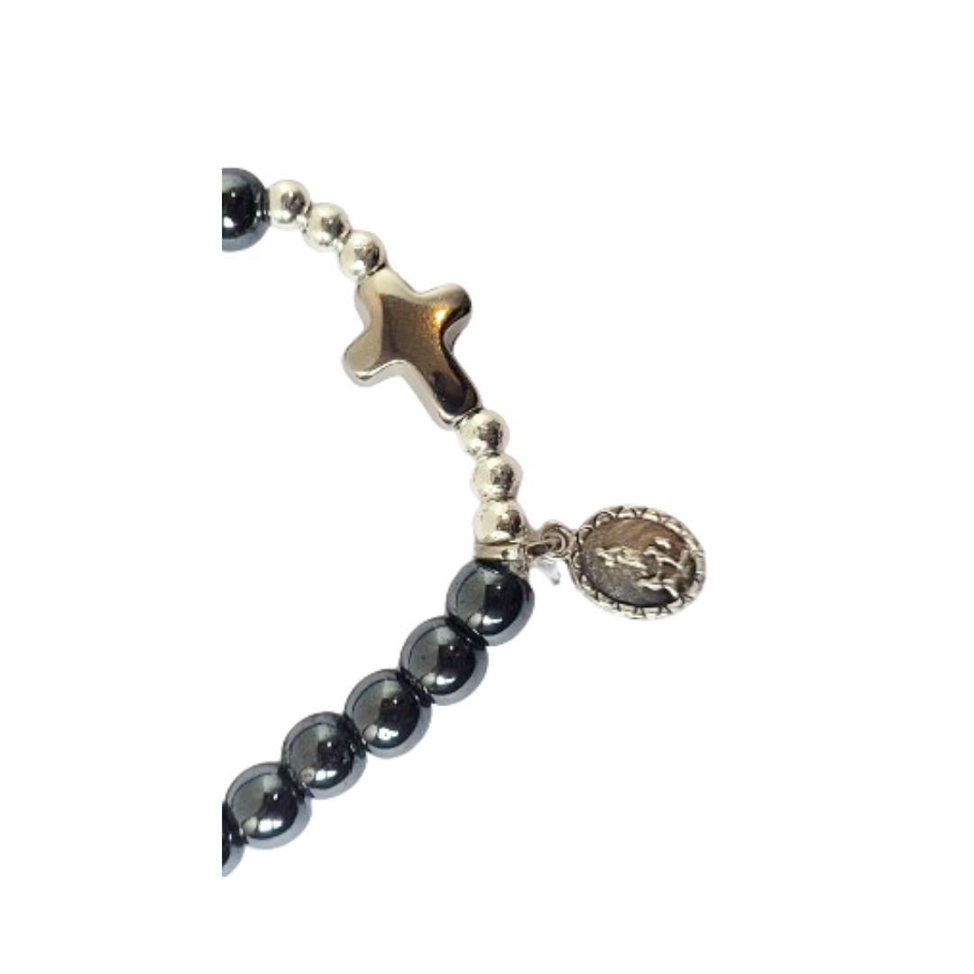 Pulsera Hematita Brillante con Cruz